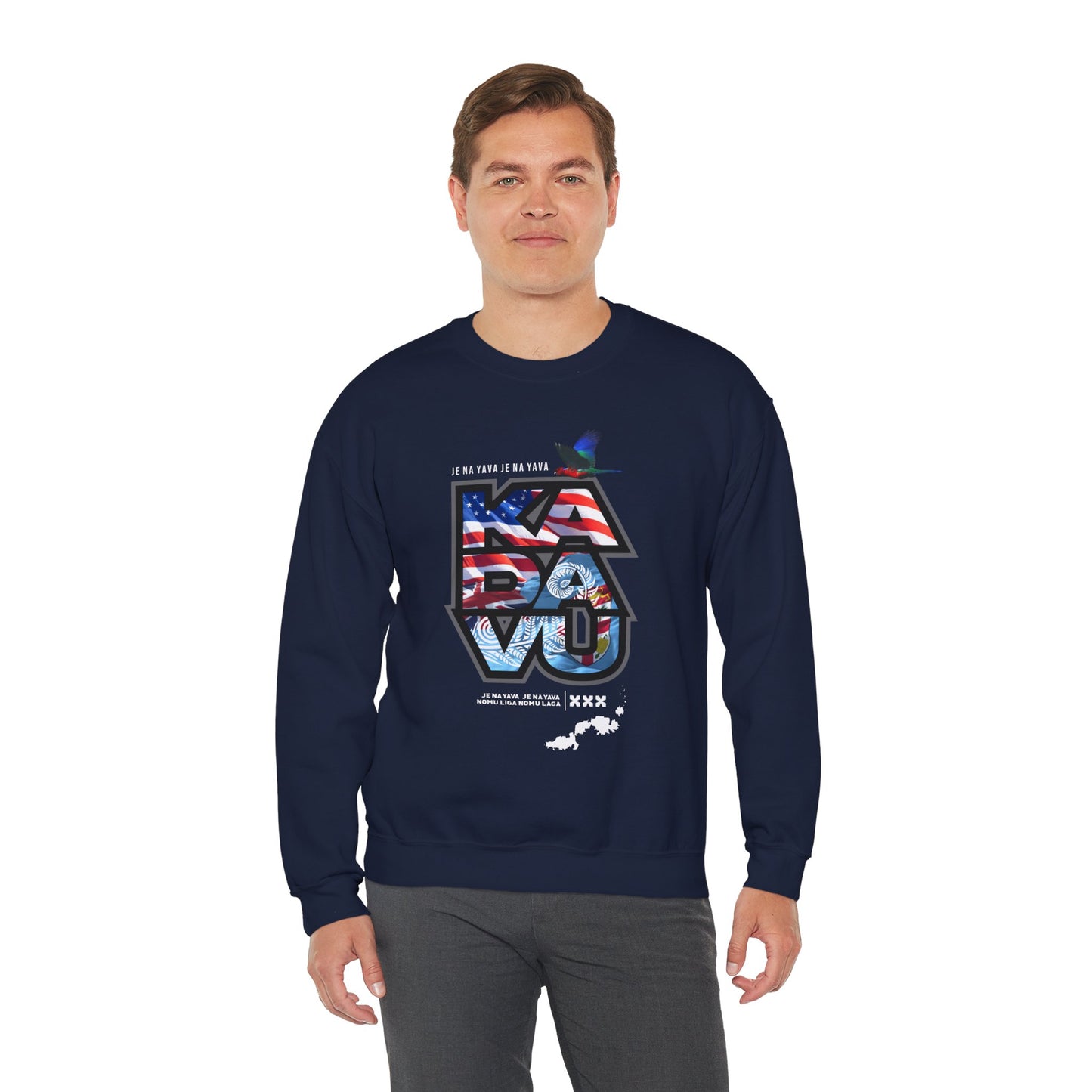 Kadavū Graphic Crewneck Sweatshirt — Kadavu Island & American Flag Travel Vibe