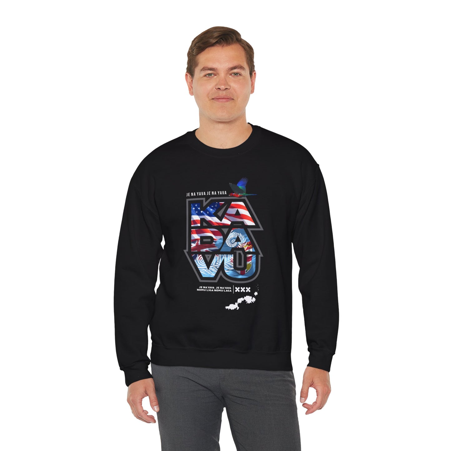 Kadavū Graphic Crewneck Sweatshirt — Kadavu Island & American Flag Travel Vibe