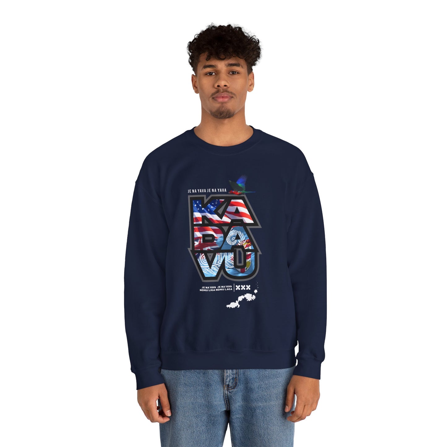 Kadavū Graphic Crewneck Sweatshirt — Kadavu Island & American Flag Travel Vibe