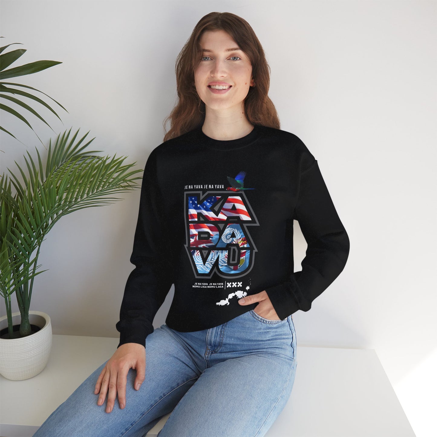 Kadavū Graphic Crewneck Sweatshirt — Kadavu Island & American Flag Travel Vibe