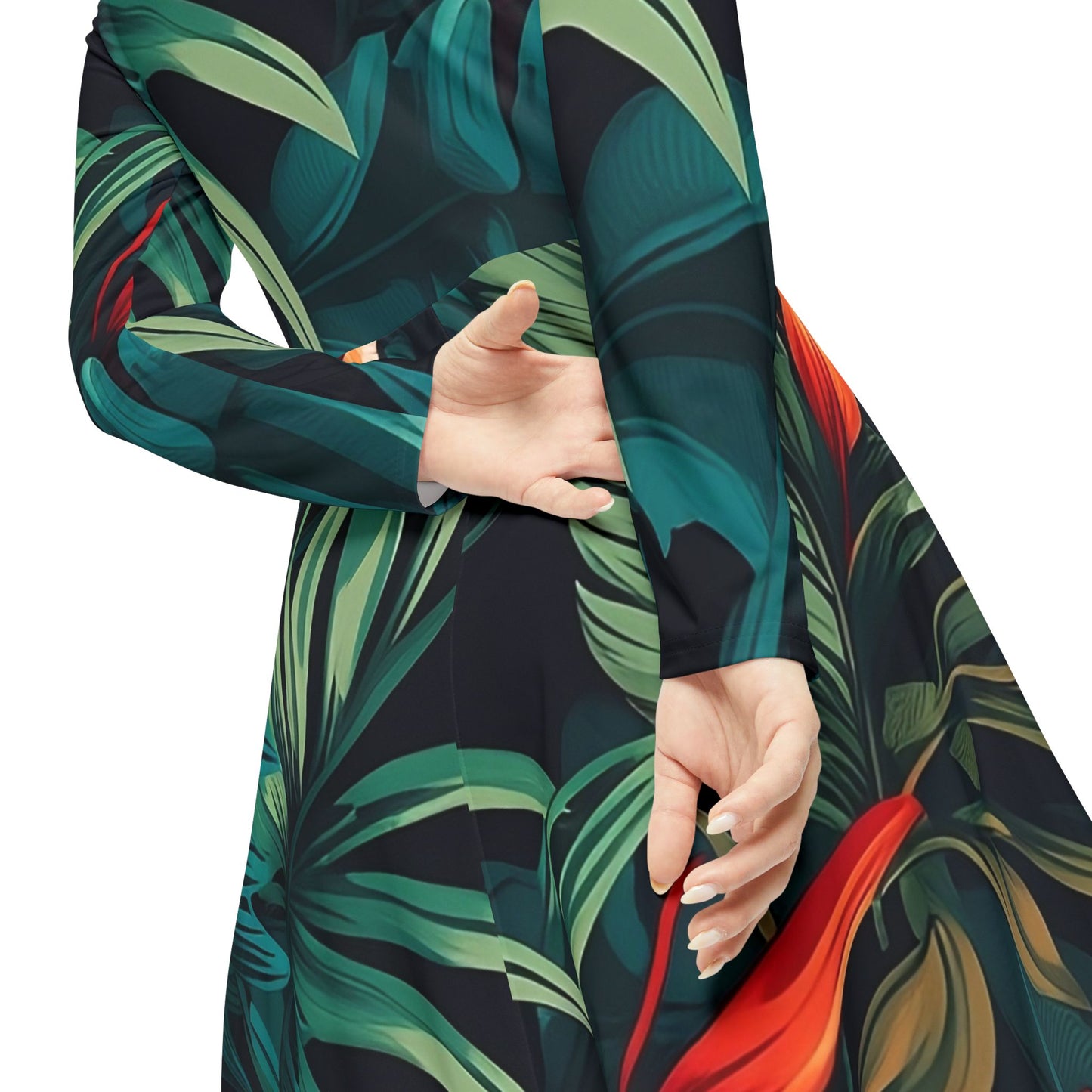 Tropical Floral Long Sleeve Dance Dress for Women - Perfect for Parties and Holidays