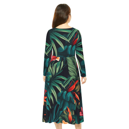 Tropical Floral Long Sleeve Dance Dress for Women - Perfect for Parties and Holidays